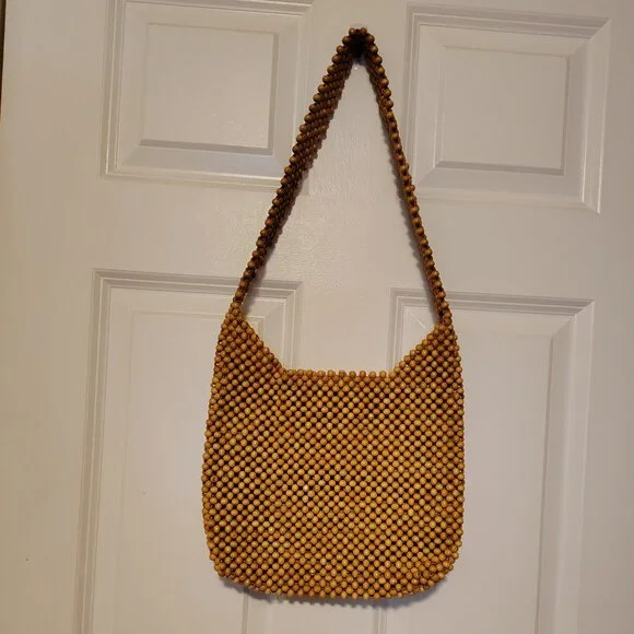 Vintage Bijoux Terner Wood Beaded Shoulder Bag Purse Western Minimalist Boho - Picture 6 of 9